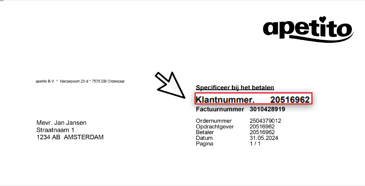 Dummyfactuur apetito-shop.nl met gemarkeerd klantnummer 